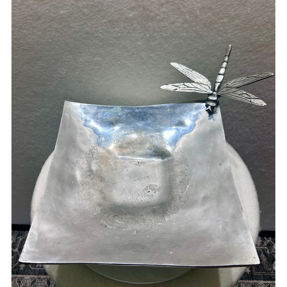 VTG Mexican Pewter Dragonfly Square Bowl Decorative Catchall Tray Silver Tone